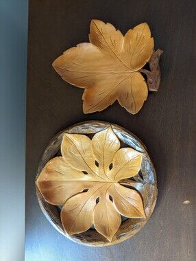 Vintage Polish Hand-Carved Wooden Leaf Folk Art Trinket Wall Dish Set